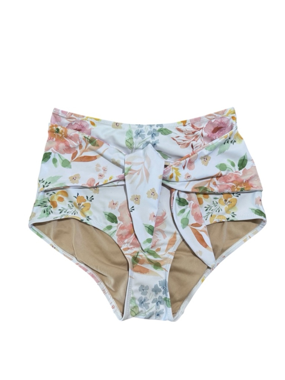 Kortni Jeane Feminine White Floral High Waisted Tie Front Bikini Swim Bottoms